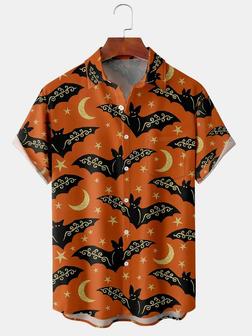 Vintage Festive Collection Halloween Bat Element Pattern Lapel Short Sleeve Chest Pocket Shirt Print Top - Seseable