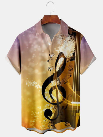 Vintage Music Collection Gradient Sheet Music Guitar Element Pattern Lapel Short Sleeve Shirt Print Top | Seseable UK