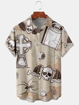 Vintage Retro 
Men's Halloween Skull Print Casual Breathable Short Sleeve Shirt - Seseable
