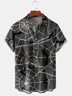 Vintage Style Festival Series Halloween Spider Element Pattern Lapel Short-sleeved Breast Pocket Shirt Printed Top - Seseable