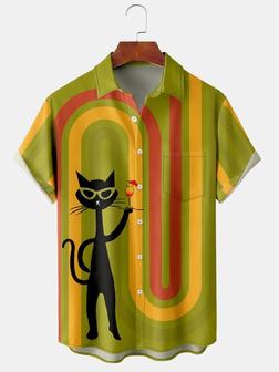 Casual Art Collection Geometric Color Block Cat Element Pattern Lapel Short Sleeve Chest Pocket Shirt Print Top - Seseable