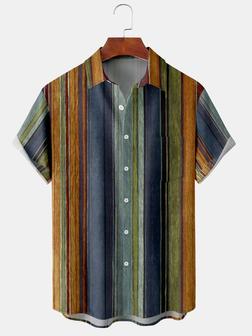 Casual Art Collection Geometric Stripe Pattern Lapel Short Sleeve Chest Pocket Shirt Print Top - Seseable