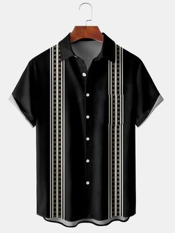 Casual Art Collection Geometric Stripe Pattern Lapel Short Sleeve Shirt Print Top - Seseable
