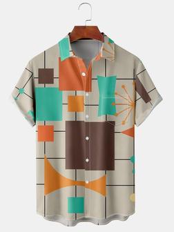 Casual Art Collection Geometric Stripes Color Block Pattern Lapel Short Sleeve Chest Pocket Shirt Print Top - Seseable