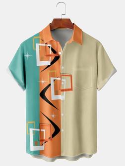 Casual Art Collection Geometric Stripes Color Block Pattern Lapel Short Sleeve Chest Pocket Shirt Print Top - Seseable