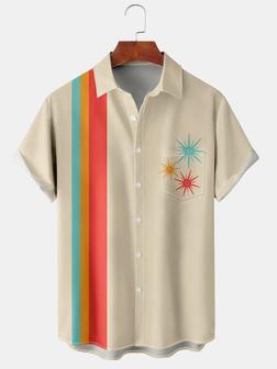 Casual Art Collection Mid-century Retro Geometric Stripe Color Block Pattern Lapel Short Sleeve Shirt Print Top - Seseable