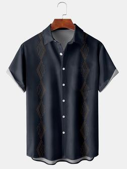 Casual Art Series Geometric Line Element Pattern Lapel Short Sleeve Shirt Print Top - Seseable