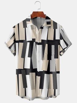 Casual Art Series Striped Geometric Color Block Pattern Lapel Short Sleeve Chest Pocket Shirt Print Top - Seseable