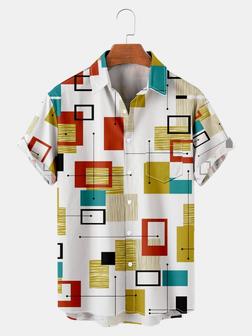 Casual Style Art Series Geometric Color Block Element Lapel Short-sleeved Printed Shirt Top - Seseable