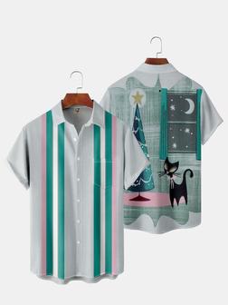 Casual Style Casual Collection Mid-century Retro Geometric Stripes Color Block Cat Element Pattern Lapel Short Sleeve Chest Pocket Shirt Print Top - Seseable