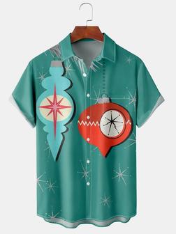 Casual Style Holiday Series Retro Christmas Christmas Tree Decoration Light Element Pattern Lapel Short-sleeved Shirt Print Top - Seseable