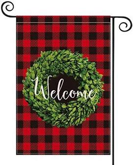 Christmas Boxwood Wreath Welcome Garden Flag Vertical Double Sided, Winter Valentine's Day Buffalo Check Plaid Rustic Farmhouse Flag Yard Outdoor Decoration - Thegiftio UK