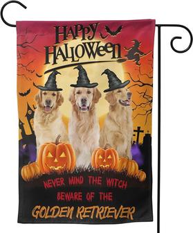 Halloween Garden Flags 12x18in Double Sided , Halloween Never Mind The Witch Beware Of The Golden Retriever Rustic Fall Garden Flag For Outdoor Outside