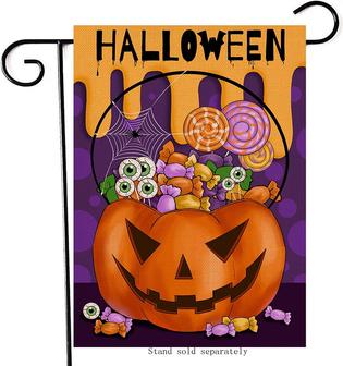 Halloween Jack O Lantern Swirl Candy Home Decorative Garden Flag, House Yard Pumpkin Spider Web Eyeball Purple Orange Outside Decor, Outdoor Small Burlap Decoration Double Sided - Thegiftio UK