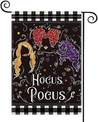 Hocus Pocus Halloween Garden Flag Double Sided, Buffalo Plaid Sanderson Sisters Party Small Yard Outdoor Decoration 12x18 Inch - Thegiftio