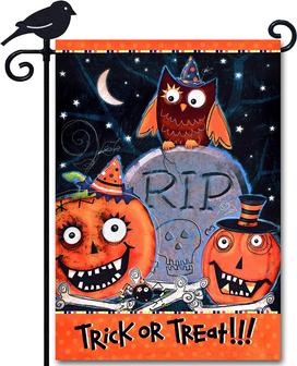 Home Halloween Garden Flag Scary Rip Skeleton 12 X 18 Inch Spooky Owl Pumpkin Home Decoration Banner - Thegiftio