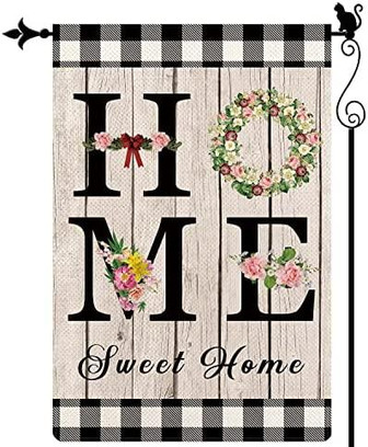 Home Sweet Home Garden Flag Spring Wreath Garden Flag Vertical Double Sided Buffalo Check Plaid Rustic Farmland Yard Lawn Outdoor Decor 12x18 - Thegiftio