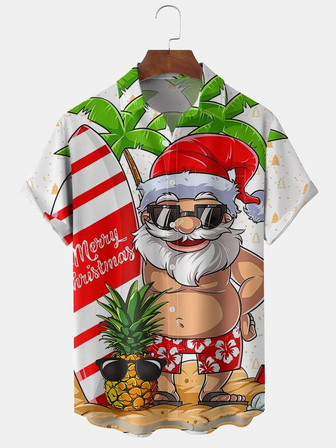 Mens Christmas Santa Surfing Print Front Buttons Soft Breathable Chest Pocket Casual Hawaiian Shirts - Seseable
