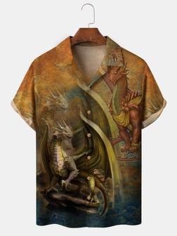 Men's Dragon Print Casual Fabric Fashion Lapel Short Sleeve Shirt - Seseable