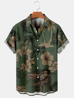 Men's Hawaiian Print Lapel Loose Chest Pocket Short Sleeve Fashion Aloha Shirt - Seseable