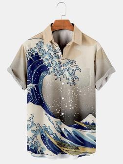 Mens Japanese Ukiyoe Wave Print Casual Breathable Chest Pocket Short Sleeve Hawaiian Shirts - Seseable