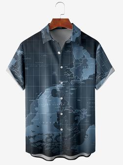 Men's Map Print Wrinkle Resistant Moisture Wicking Fabric Fashion Lapel Short Sleeve Shirts - Seseable