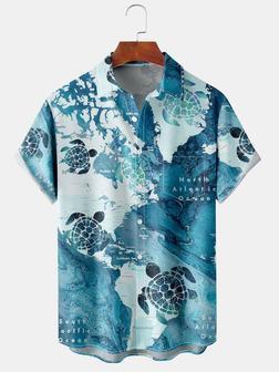 Mens Map Sea Turtles Print Lapel Loose Chest Pocket Short Sleeve Funky Hawaiian Shirts - Seseable