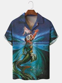 Men's Mermaid Print Casual Fabric Fashion Lapel Short Sleeve Shirts - Seseable