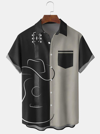Men's Music Elements Guitar Graphic Print Short Sleeve Shirt | Seseable UK