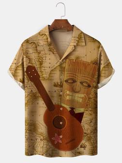 Men's Music Guitar Print Casual Fabric Fashion Lapel Short Sleeve Shirts - Seseable