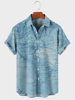 Mens Navigation Map Printed Casual Breathable Short Sleeve Shirts - Seseable