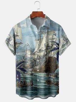 Men's Ocean Print Casual Fabric Fashion Hawaiian Lapel Short Sleeve Shirt - Seseable