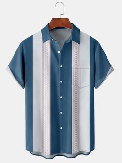 Mens Striped Print Front Buttons Soft Breathable Chest Pocket Casual Bowling Shirts - Seseable