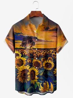 Men's Sunflower Floral Print Moisture Wicking Fabric Fashion Lapel Short Sleeve Shirts - Seseable