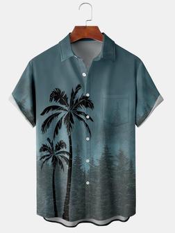 Resort Style Hawaii Series Gradient Color Plant Coconut Tree Element Pattern Lapel Short-sleeved Chest Pocket Shirt Printed Top - Seseable