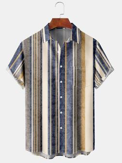 Resort-style Hawaiian Floral And Plant Striped Geometric Pattern Lapels Short-sleeved Polo Print Top - Seseable