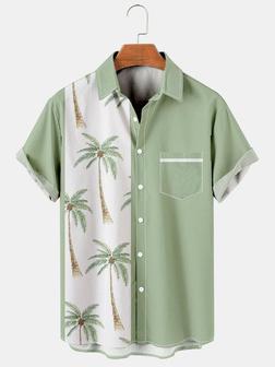 Resort Style Hawaiian Series Coconut Tree Element Lapel Short-sleeved Printed Shirt Top - Seseable