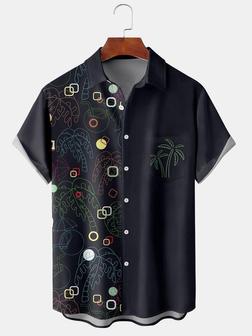 Resort Style Hawaiian Series Geometric Plant Coconut Tree Element Pattern Lapel Short-sleeved Chest Pocket Shirt Print Top - Seseable
