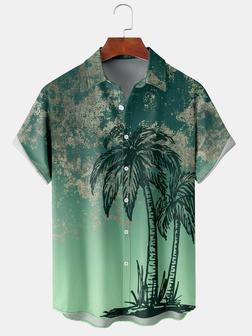 Resort Style Hawaiian Series Gradient Color Coconut Tree Element Pattern Lapel Short-sleeved Chest Pocket Shirt Printed Top - Seseable