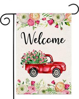 Tulips Truck Floral Blossom Welcome Garden Flag 12 X 18 Inch Double Sided Outside Decor For Home Yard Farmhouse - Thegiftio UK