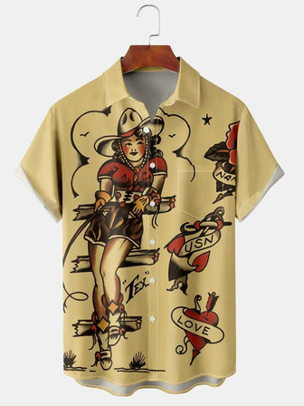 Vintage Culture Collection Western Cowgirl Element Pattern Lapel Short Sleeve Chest Pocket Shirt Print Top - Seseable