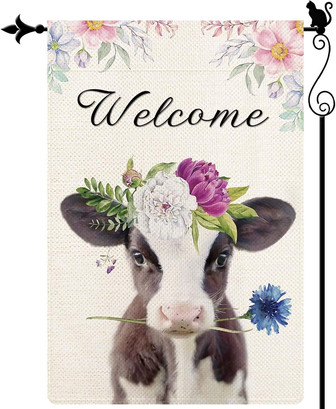 Welcome Watercolor Cow Flowers Garden Flag Sping Summer Garden Flag Vertical Double Sided Yard Lawn Outdoor Decor 12x18 - Thegiftio UK