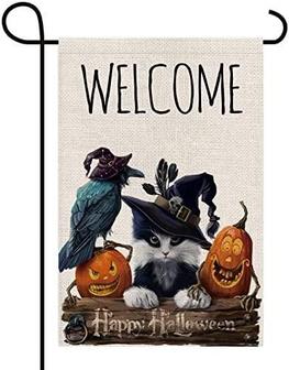 Welcome Wizard Cat Scary Pumpkin Crow Decor Double Sided Vertical Garden Flag Happy Halloween Rustic Farmhouse Party Outdoor Yard Banner - Thegiftio UK