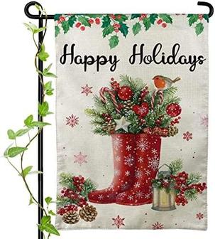 Garden Flag Red Snow Boots Happy Holidays With Gifts Winter Double Sided Cute Birds House Yard Flag For Happy New Year Vintage Seasonal Outdoor Decorations - Thegiftio UK