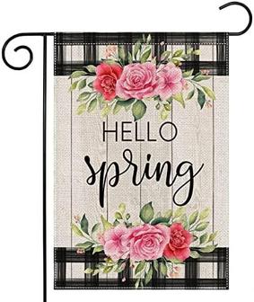 Hello Spring Floral Garden Flag 12x18 Inch Double Sided, Buffalo Plaid With Hello Spring Flowers Small Yard Flag For Outdoor Seasonal Decor For Farmhouse Holiday Summer Outside - Thegiftio UK