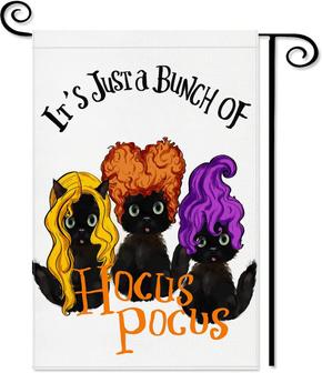 Hocus Pocus Halloween Garden Flag: Black Cat Dressed As Sanderson Sisters Yard Flag 12x18 Inch Double Sided - Holiday Outdoor House Decor Seasonal Decoration - Thegiftio UK