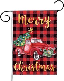 Merry Christmas Truck Garden Flag Red Buffalo Check Plaid Outdoor Decor Xmas Tree Winter New Year Yard Flags Farmhouse Decoration Vertical Double Sided 12x18in - Thegiftio UK