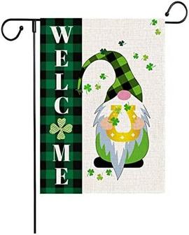 Welcome Gnomes Garden Flags, St Patrick's Day Buffalo Plaid Vertical Double Sized Burlap Flag For House Yard Outdoor - Thegiftio UK