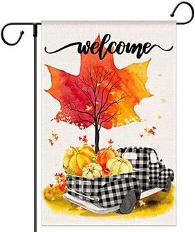 Fall Garden Flag 12x18 Inch Small Size Vertical Double Sided, Pumpkin Maple Leaves Buffalo Plaid Truck Seasonal Autumn Thanksgiving Welcome Yard Flag Holiday Outdoor Decor - Thegiftio UK