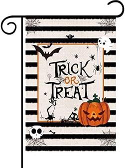 =halloween Trick Or Treat Garden Flag With Black Stripe, Spider, Cobweb, Bat, Ghost, Skull And Pumpkin, 12x18 Inch Double Sided Small Scary Rustic Vertical Banner For Festive Yard Outside Party And Farmhouse Decoration - Thegiftio